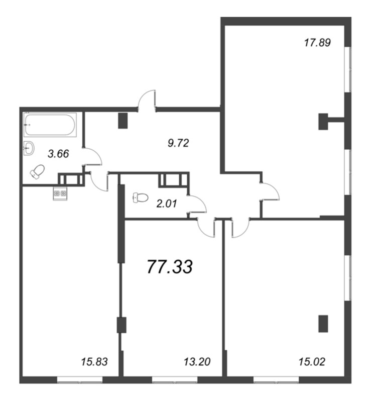 3-комнатная квартира, 77.33 м² в ЖК "Ромашки" - планировка, фото №1