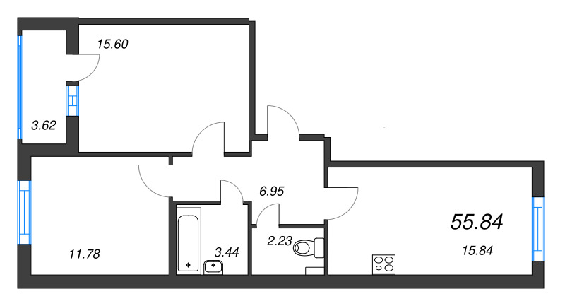 3-комнатная (Евро) квартира, 55.84 м² - планировка, фото №1