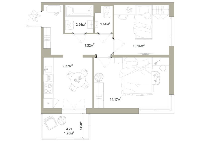 2-комнатная квартира, 46.78 м² в ЖК "Тишин" - планировка, фото №1