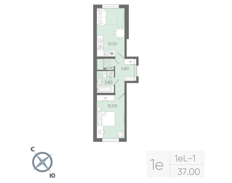1-комнатная квартира, 37 м² в ЖК "Ручьи" - планировка, фото №1