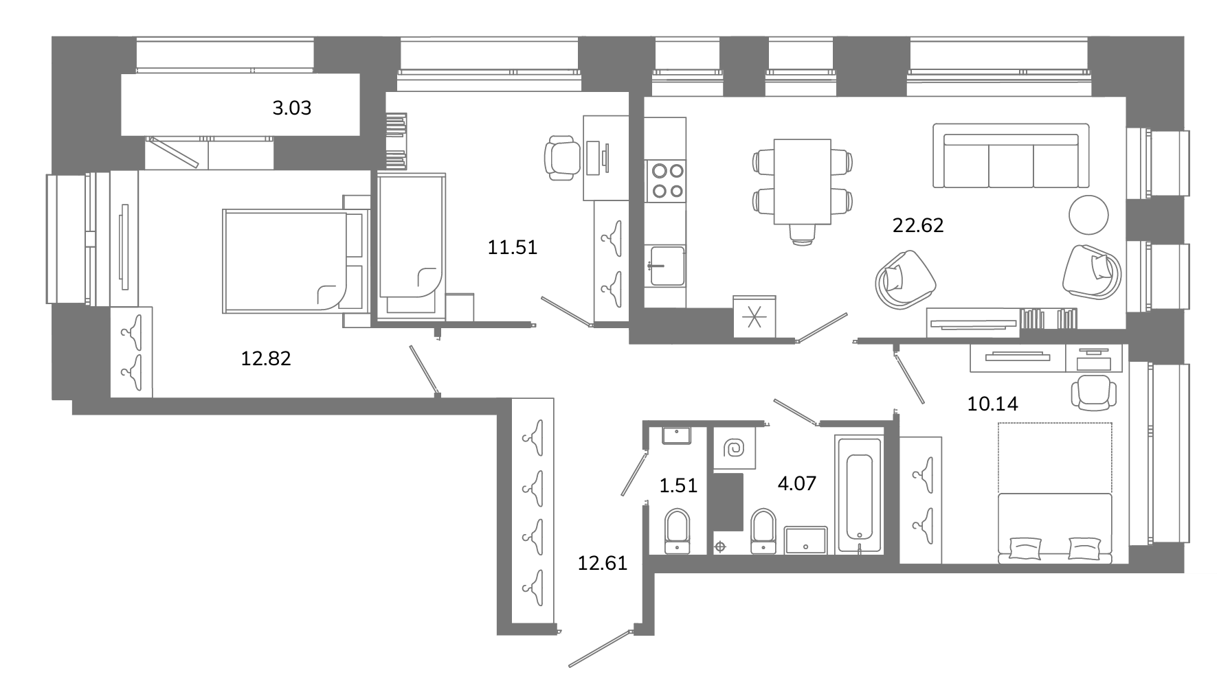 4-комнатная (Евро) квартира, 76.8 м² в ЖК "Твой космос" - планировка, фото №1