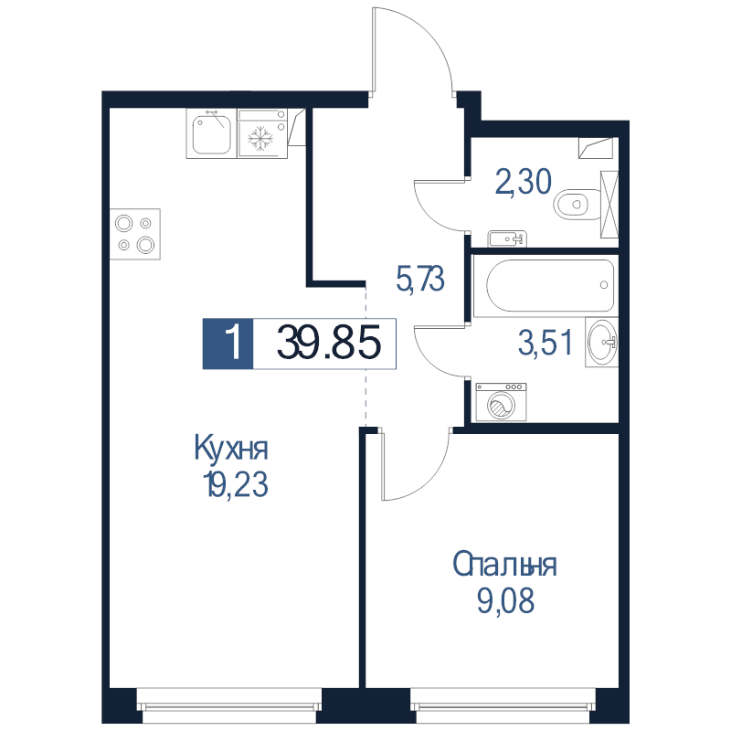 2-комнатная (Евро) квартира, 39.85 м² в ЖК "Максималист" - планировка, фото №1