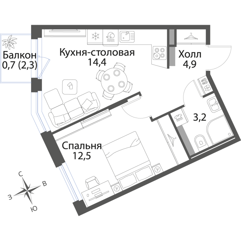 2-комнатная квартира, 35.7 м² в ЖК "Экография" - планировка, фото №1