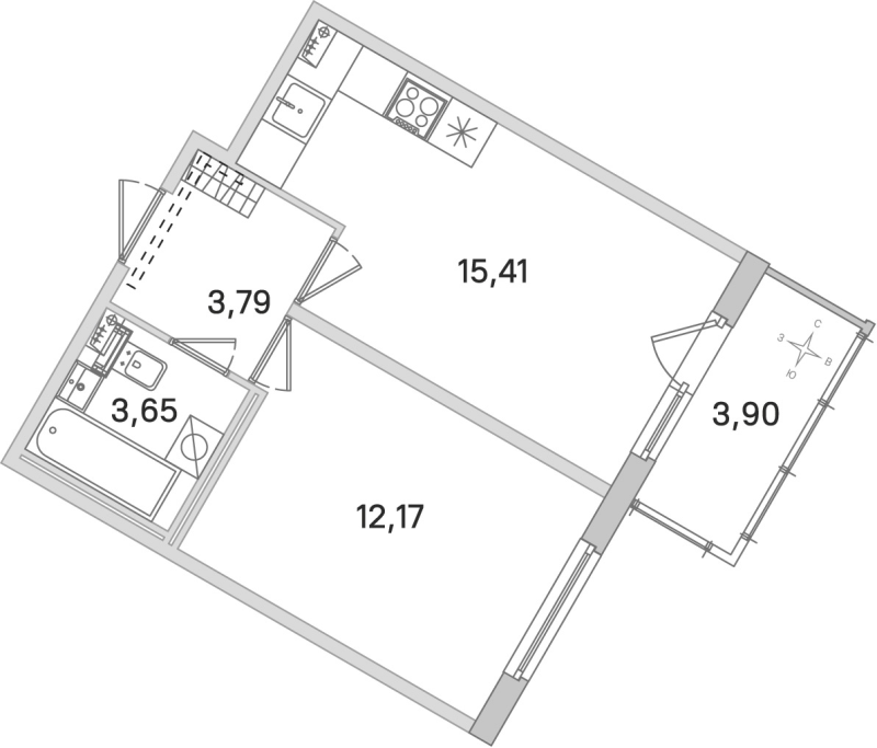 2-комнатная (Евро) квартира, 35.02 м² в ЖК "Любоград" - планировка, фото №1