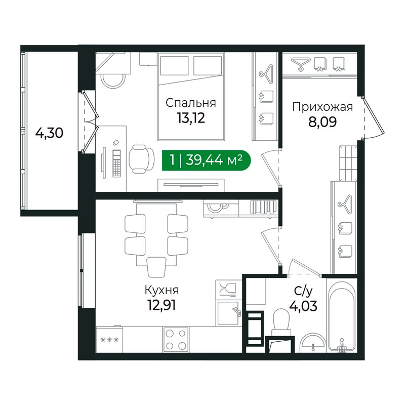 1-комнатная квартира, 38.1 м² в ЖК "Сертолово Парк" - планировка, фото №1