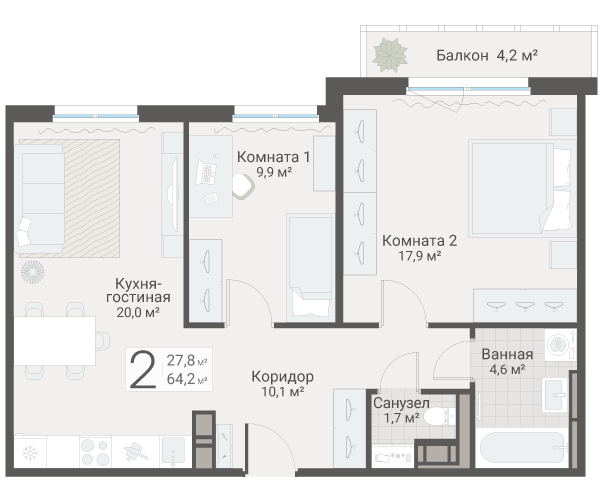 3-комнатная (Евро) квартира, 64.2 м² в ЖК "Руднева 15" - планировка, фото №1