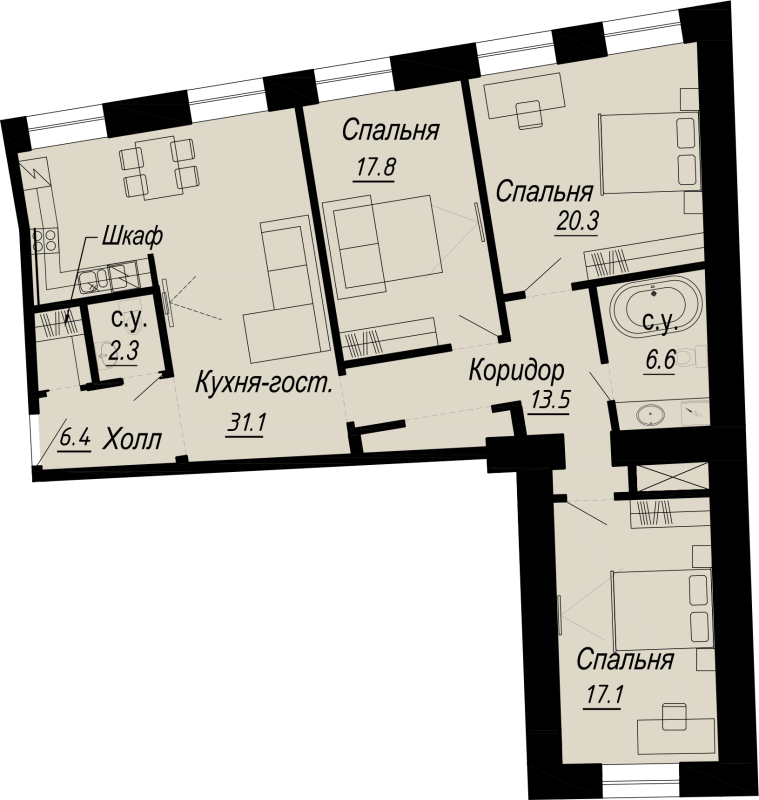 3-комнатная квартира, 117.2 м² - планировка, фото №1