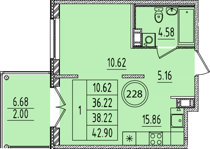 2-комнатная (Евро) квартира, 36.22 м² - планировка, фото №1