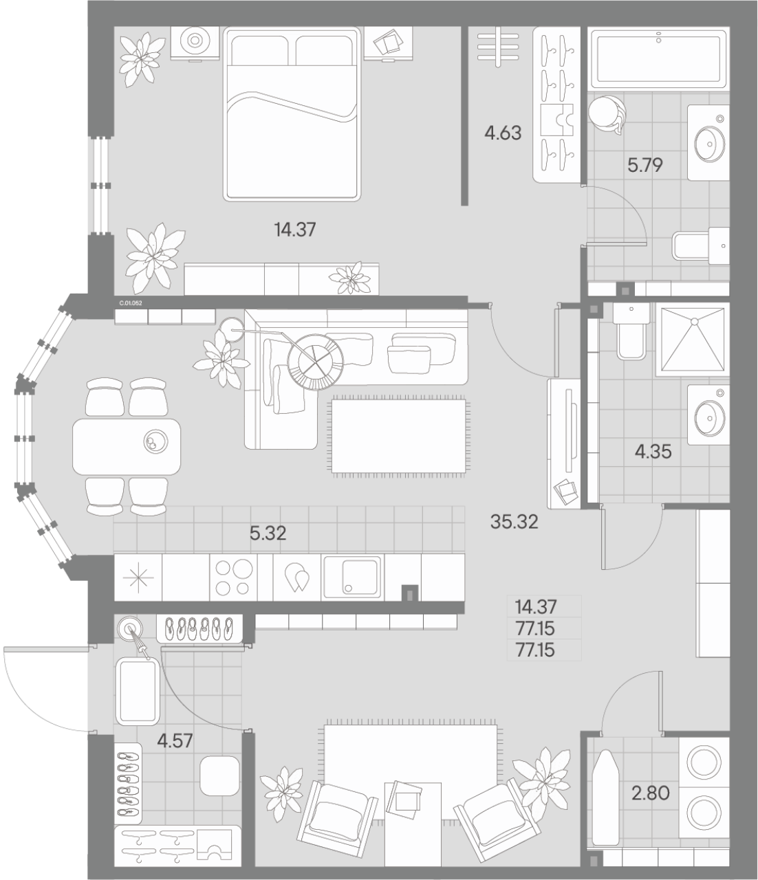3-комнатная (Евро) квартира, 77.4 м² - планировка, фото №1