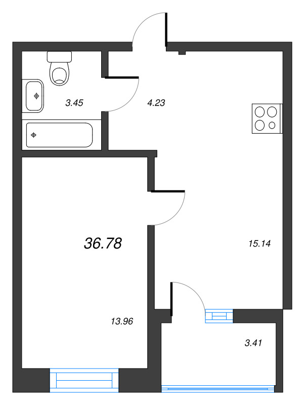 2-комнатная (Евро) квартира, 36.78 м² в ЖК "Чёрная речка" - планировка, фото №1