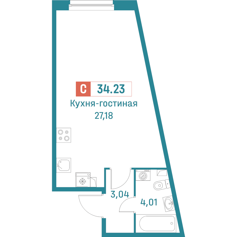 Квартира-студия, 34.23 м² в ЖК "Графика" - планировка, фото №1
