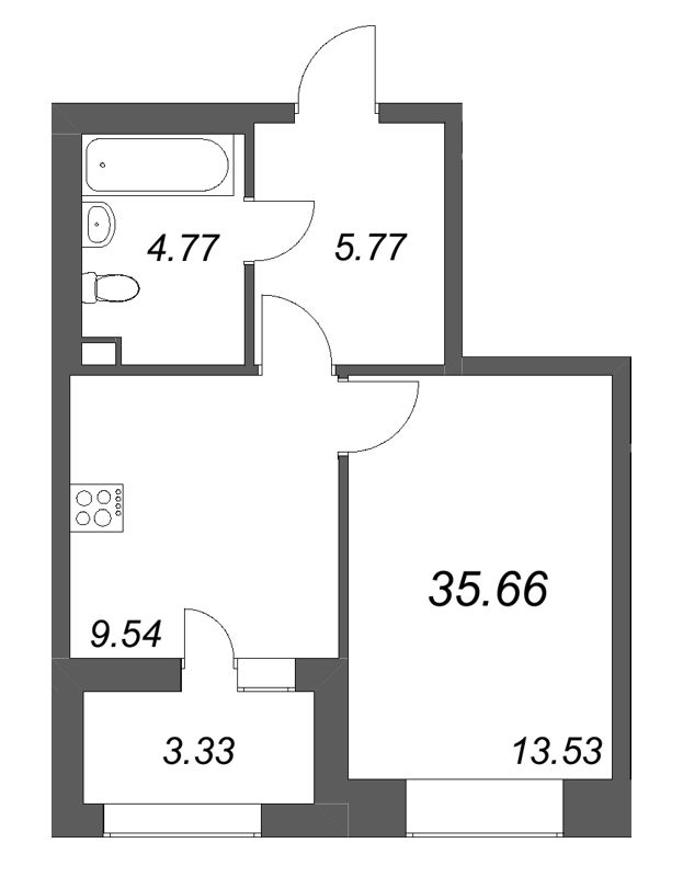 1-комнатная квартира, 35.66 м² - планировка, фото №1