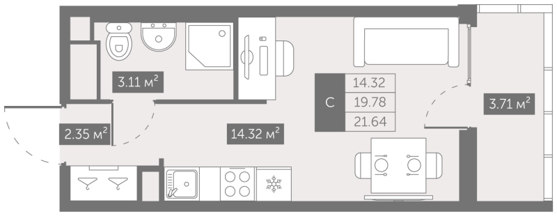 Квартира-студия, 21.64 м² в ЖК "Квартал «Новый Московский»" - планировка, фото №1