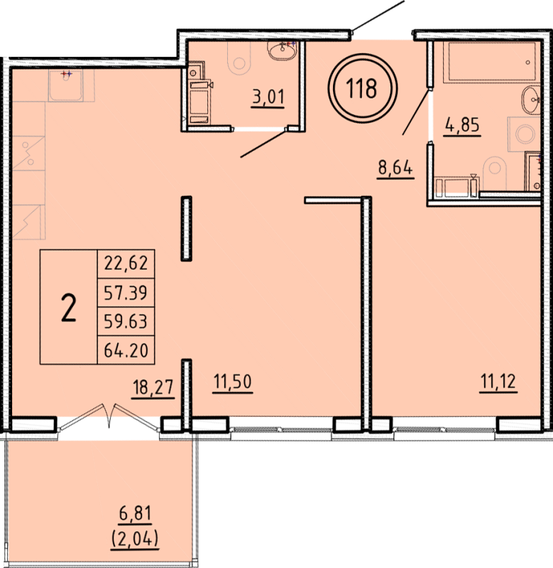 3-комнатная (Евро) квартира, 57.39 м² - планировка, фото №1