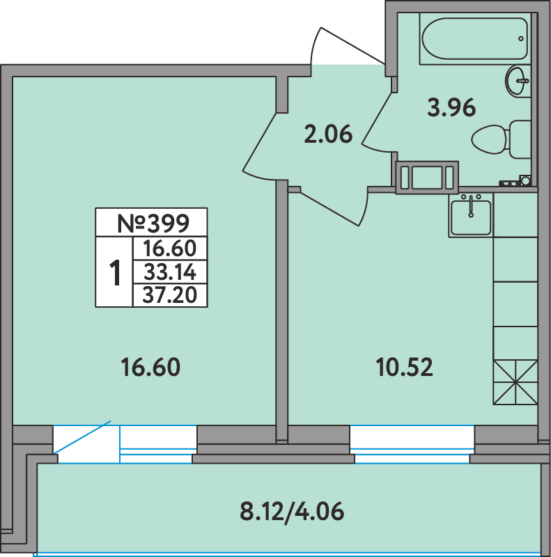 1-комнатная квартира, 36.9 м² - планировка, фото №1