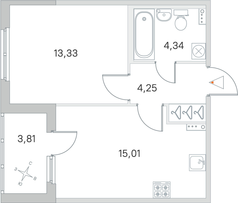 2-комнатная (Евро) квартира, 36.93 м² в ЖК "Любоград" - планировка, фото №1