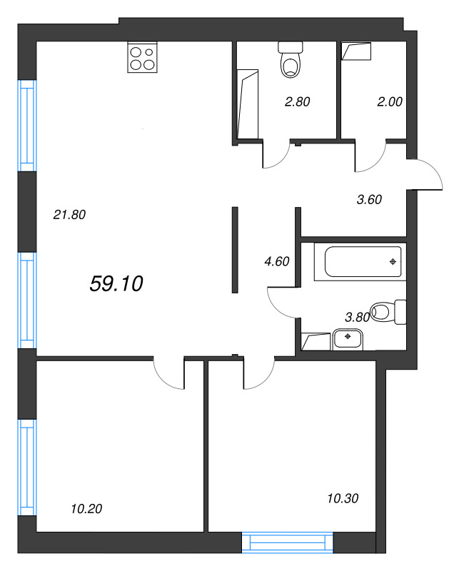 3-комнатная (Евро) квартира, 59.1 м² - планировка, фото №1