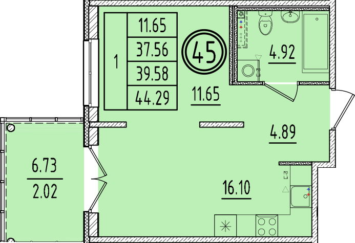 2-комнатная (Евро) квартира, 37.56 м² в ЖК "Образцовый квартал 6.4" - планировка, фото №1