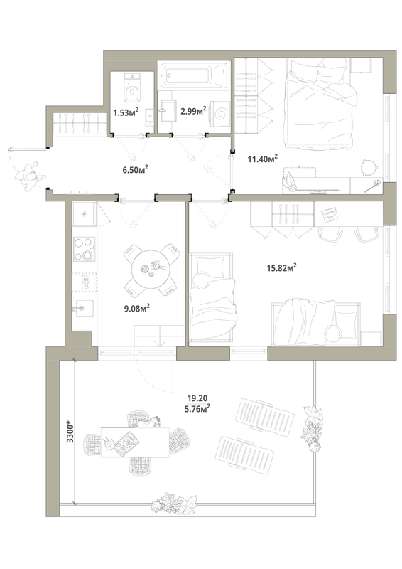2-комнатная квартира, 53.08 м² в ЖК "Тишин" - планировка, фото №1
