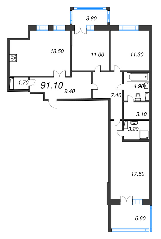 3-комнатная квартира, 91.1 м² - планировка, фото №1