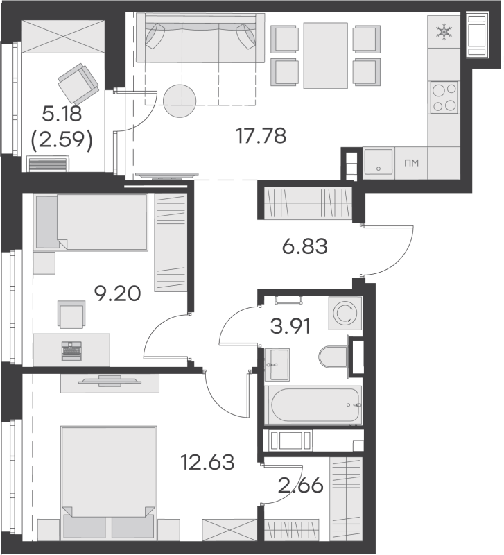 3-комнатная (Евро) квартира, 55.6 м² - планировка, фото №1