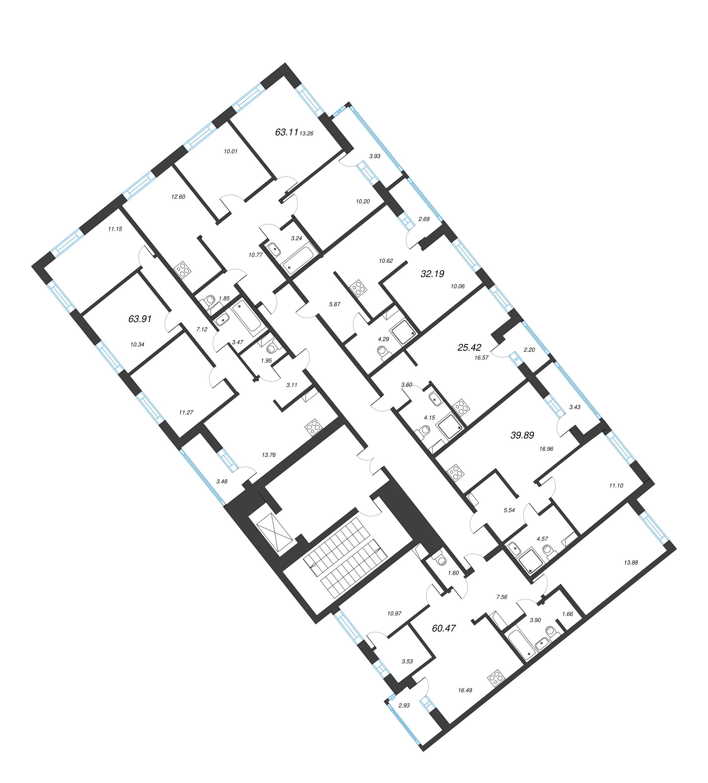 3-комнатная квартира, 63.91 м² - планировка этажа