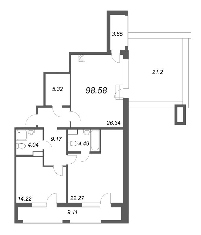3-комнатная (Евро) квартира, 93.6 м² - планировка, фото №1