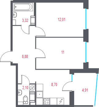 2-комнатная квартира, 48.47 м² в ЖК "Город-спутник Южный" - планировка, фото №1