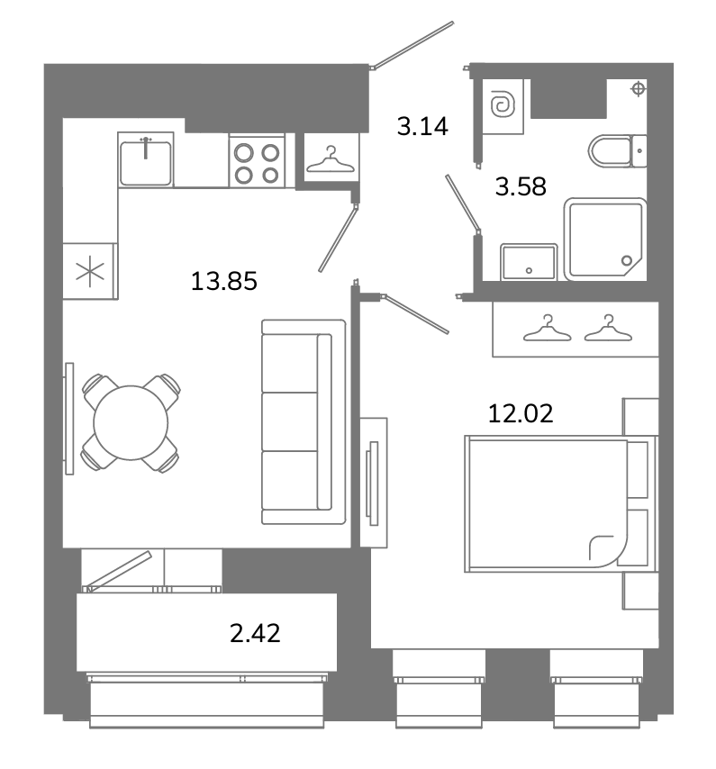 1-комнатная квартира, 33.8 м² в ЖК "Твой космос" - планировка, фото №1