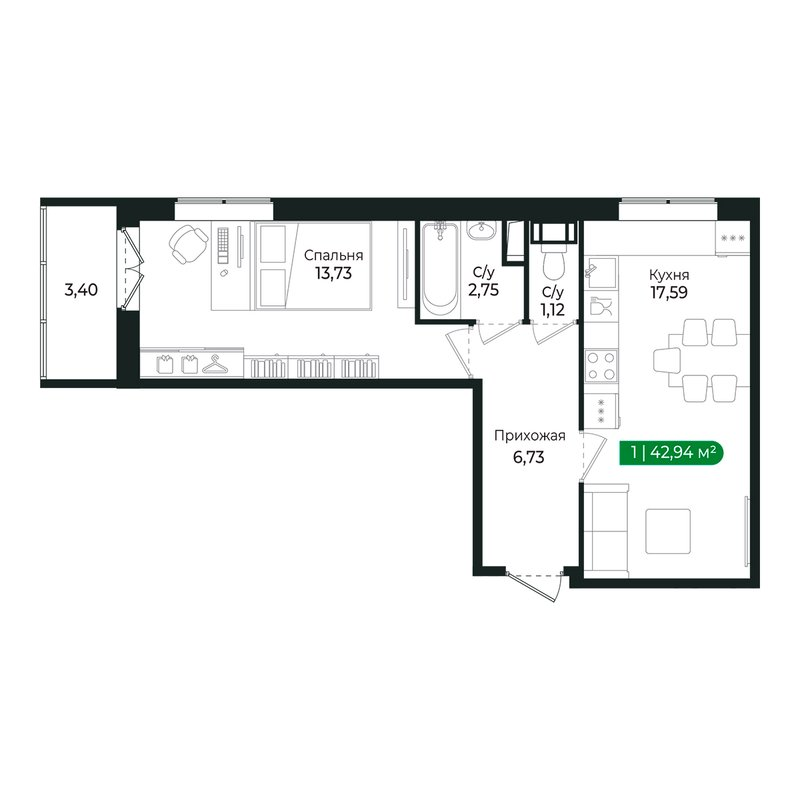 2-комнатная (Евро) квартира, 41.5 м² в ЖК "Сертолово Парк" - планировка, фото №1