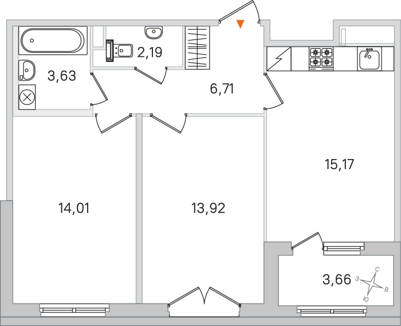3-комнатная (Евро) квартира, 55.63 м² в ЖК "Дубровский" - планировка, фото №1