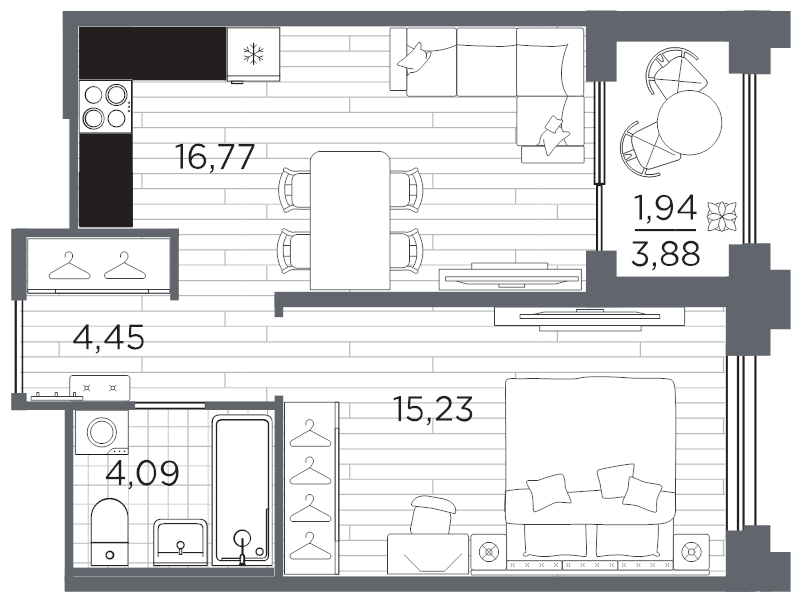2-комнатная (Евро) квартира, 42.48 м² в ЖК "Ассамблея" - планировка, фото №1