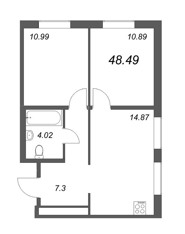 2-комнатная квартира, 48.49 м² в ЖК "Новые горизонты" - планировка, фото №1