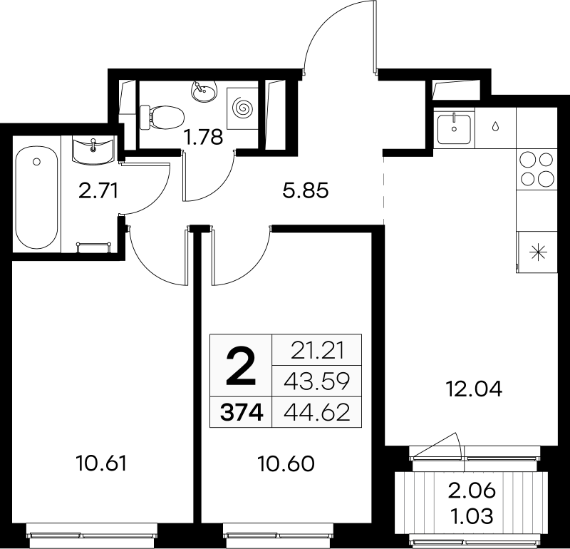 2-комнатная квартира, 44.62 м² - планировка, фото №1