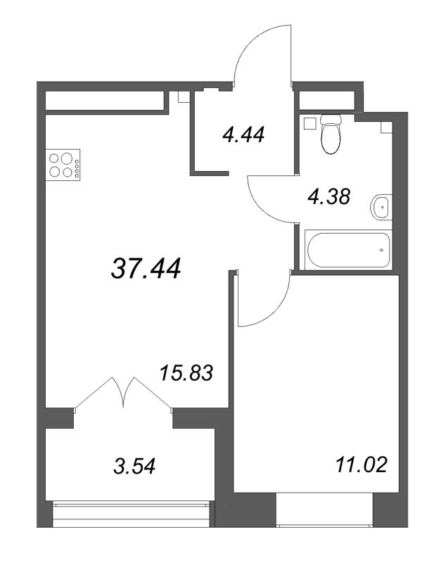 2-комнатная (Евро) квартира, 37.44 м² - планировка, фото №1