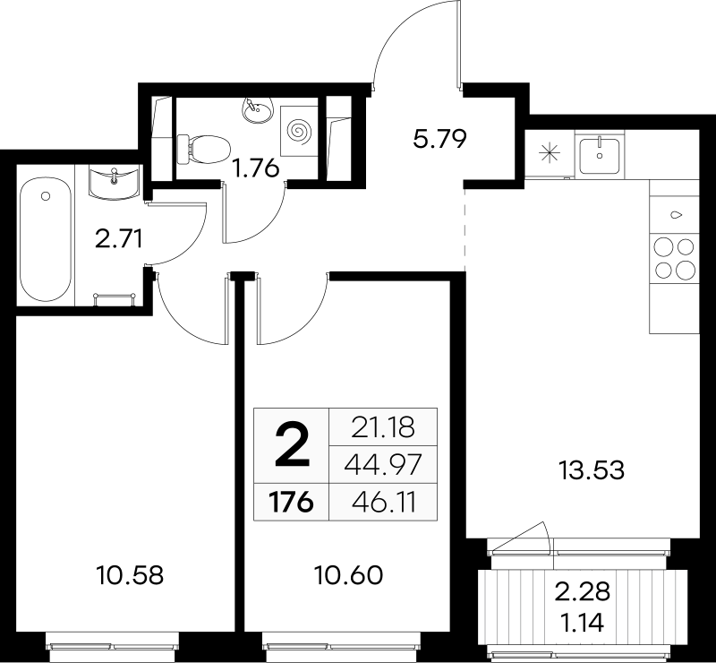 2-комнатная квартира, 46.11 м² в ЖК "GloraX Новоселье" - планировка, фото №1