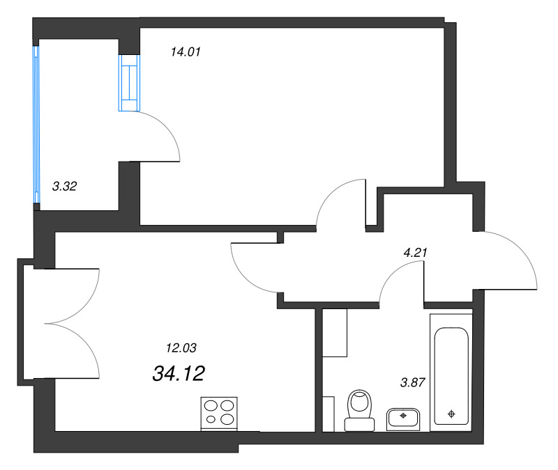 1-комнатная квартира, 34.12 м² - планировка, фото №1