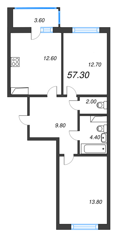 2-комнатная квартира, 57.3 м² - планировка, фото №1