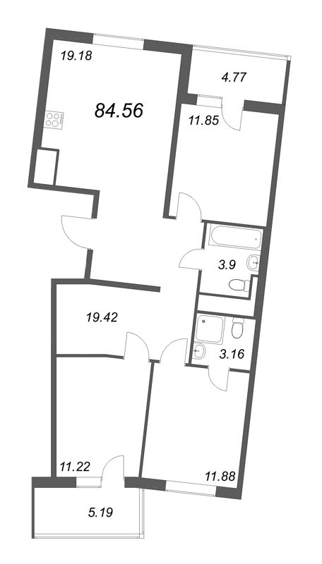 4-комнатная (Евро) квартира, 84.55 м² - планировка, фото №1