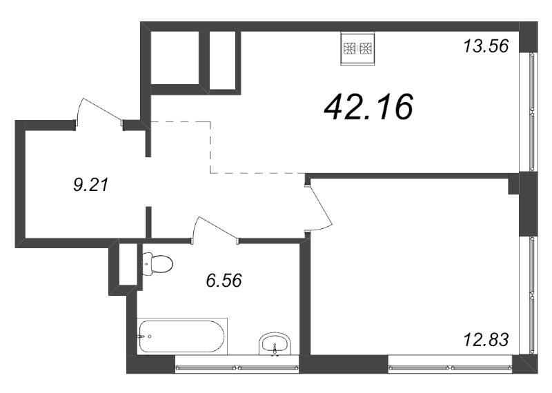 1-комнатная квартира, 42.16 м² - планировка, фото №1