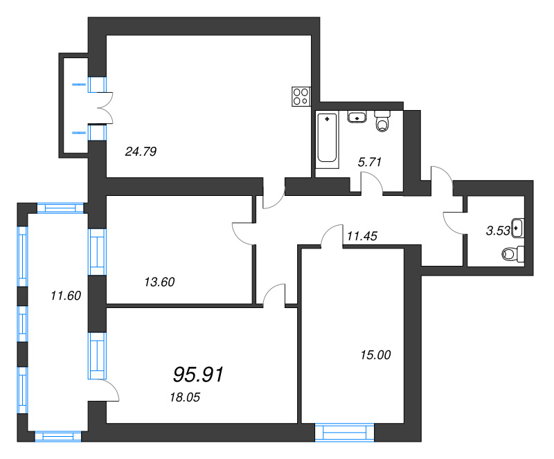 3-комнатная квартира, 95.8 м² - планировка, фото №1
