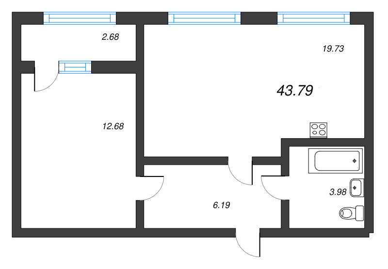 2-комнатная (Евро) квартира, 43.79 м² - планировка, фото №1