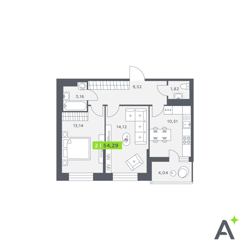 2-комнатная квартира, 54.55 м² в ЖК "Аквилон Verba" - планировка, фото №1