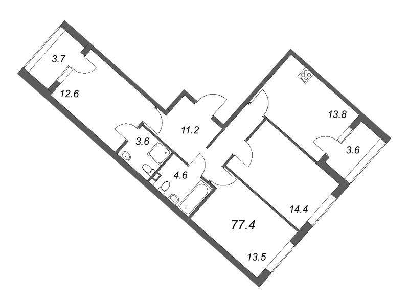 3-комнатная квартира, 77.4 м² - планировка, фото №1