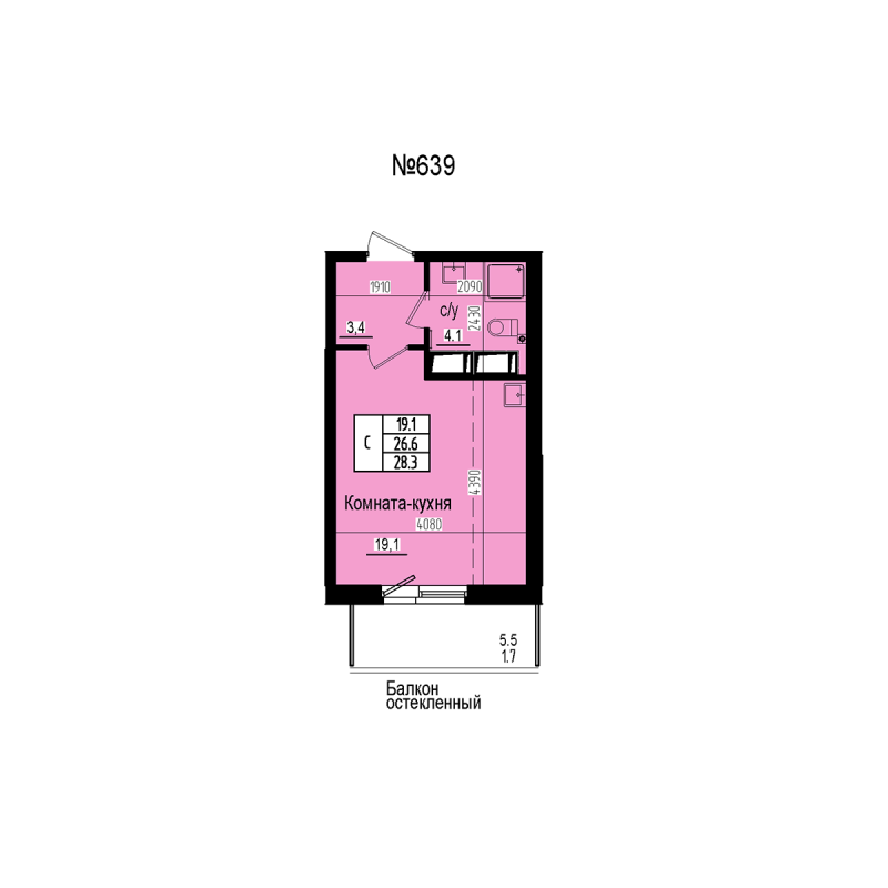 Квартира-студия, 28.3 м² в ЖК "ПРАГМА СИТИ" - планировка, фото №1