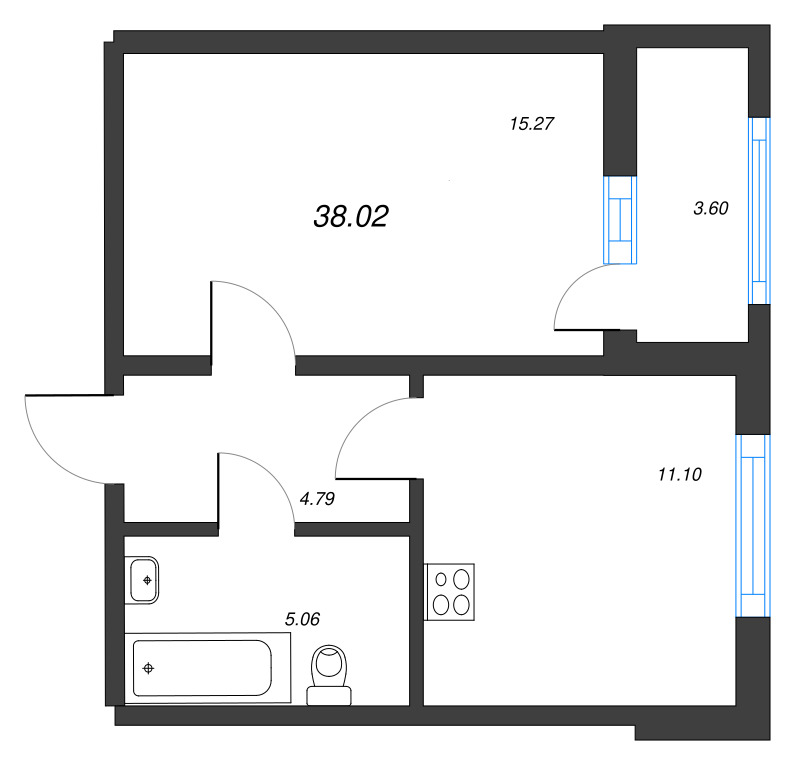 1-комнатная квартира, 38.02 м² - планировка, фото №1