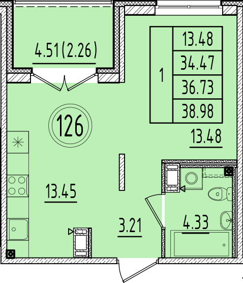 1-комнатная квартира, 34.47 м² в ЖК "Образцовый квартал 6.4" - планировка, фото №1