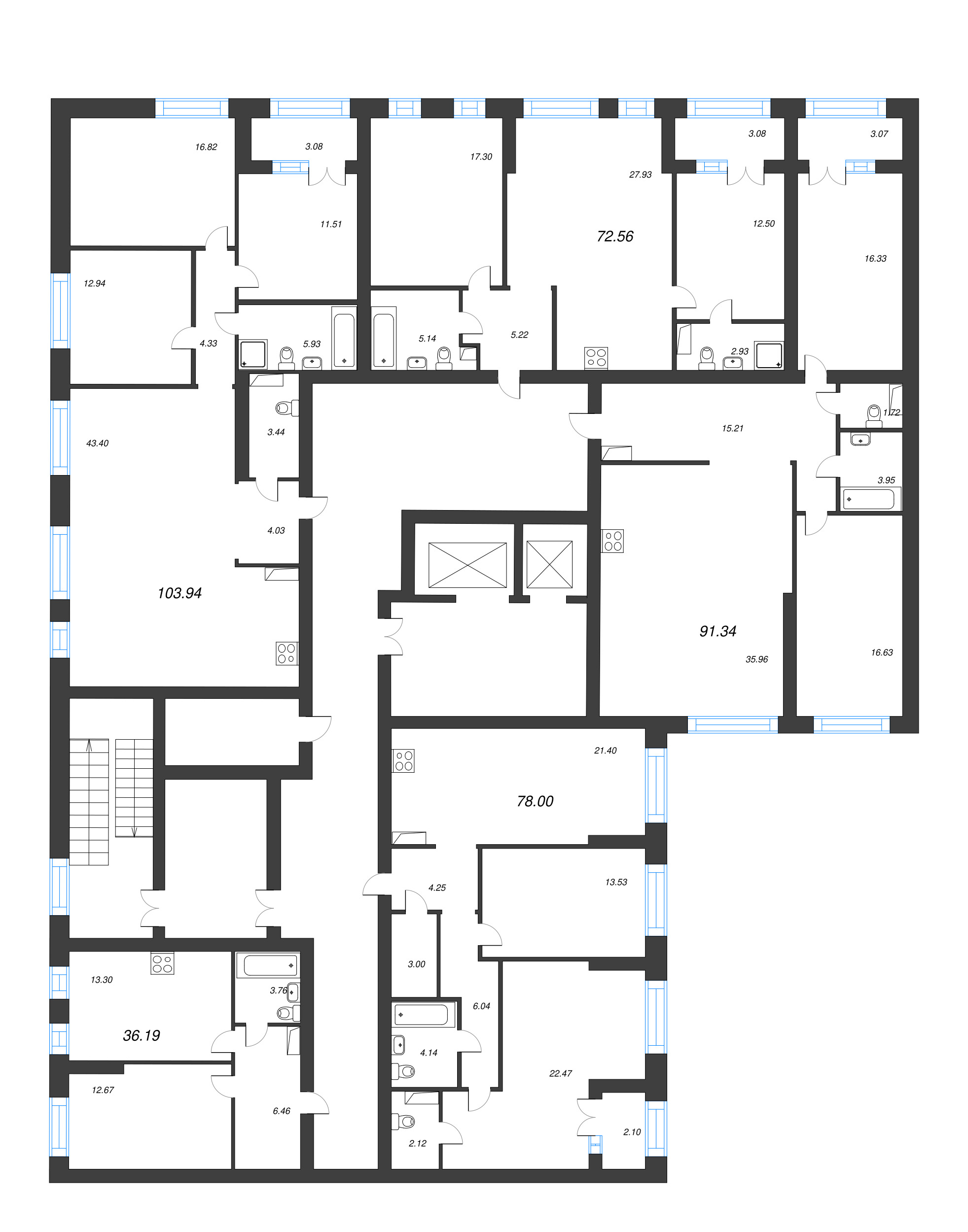 3-комнатная квартира, 103.94 м² - планировка этажа
