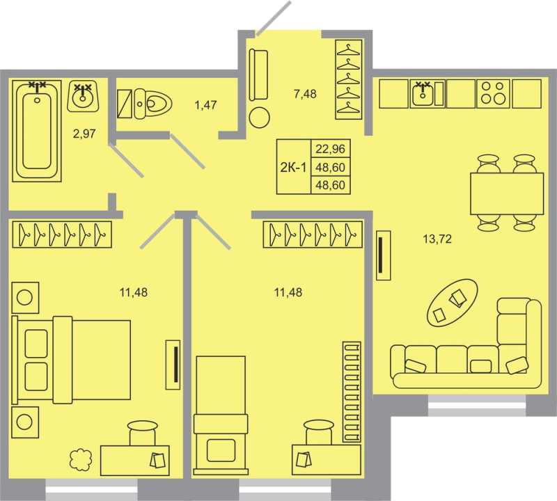 2-комнатная квартира, 48.6 м² - планировка, фото №1