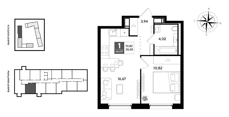2-комнатная (Евро) квартира, 35.45 м² в ЖК "Догма Юкки 2" - планировка, фото №1